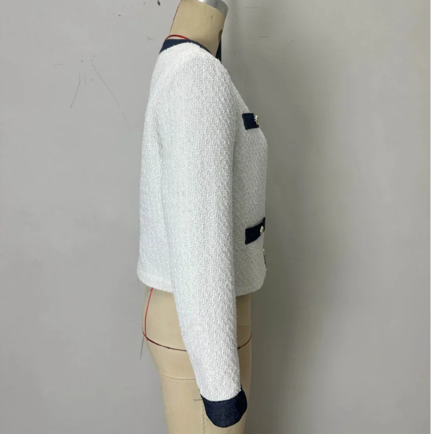 Damska kurtka z blokami kolorystycznymi, okrągły dekolt, krótki/długi rękaw, uniwersalna kurtka, elegancka, do pracy, retro, casualowa.