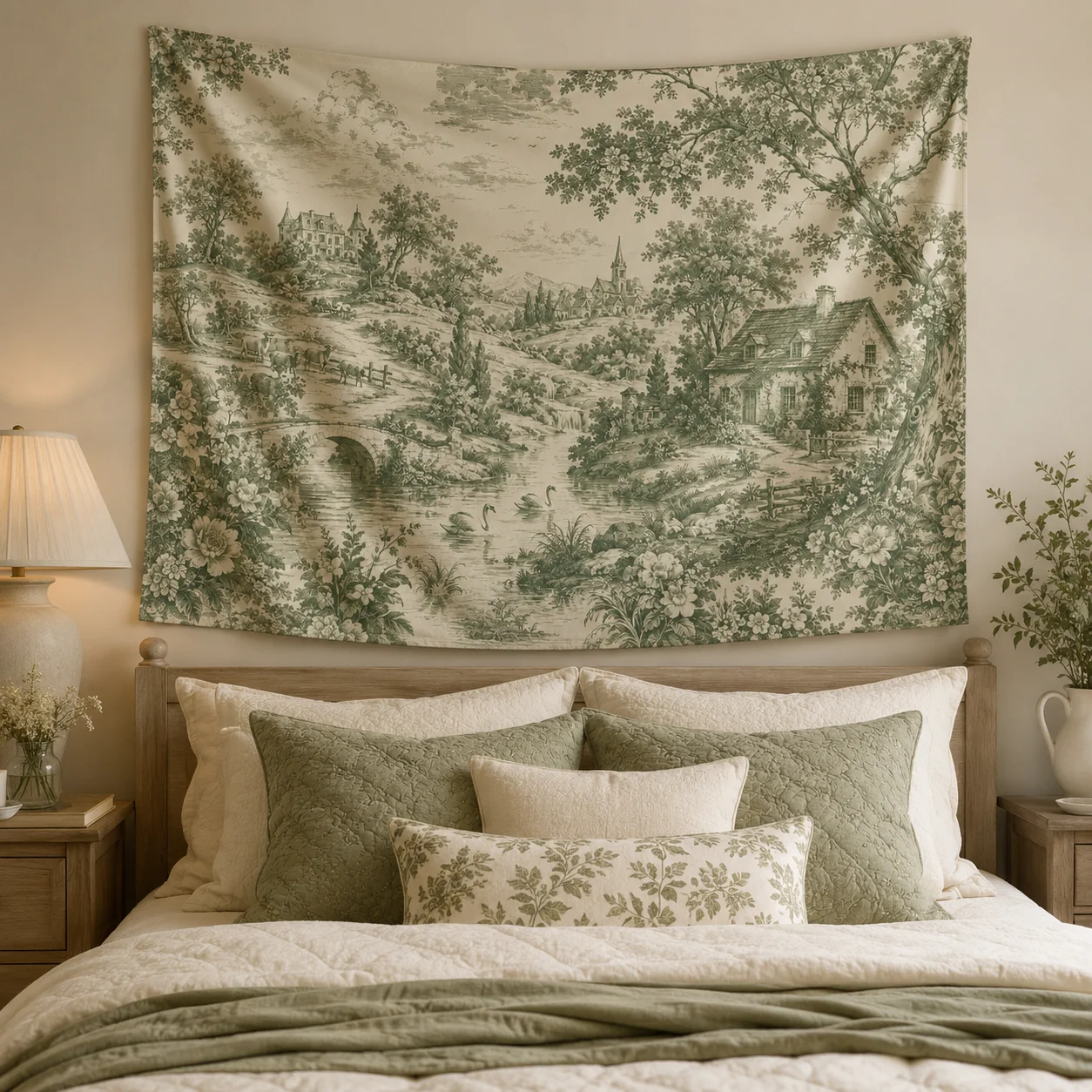Sage Green French Country Tapestry, Vintage Cottage River Landscape Printed Wall Hanging