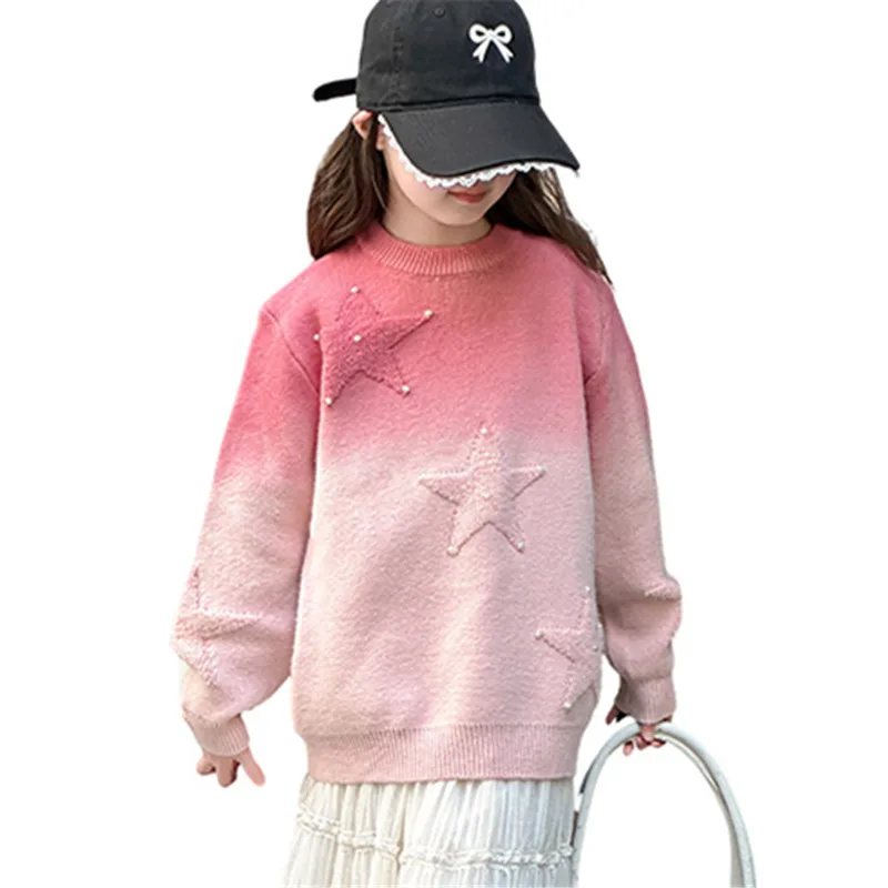 

Unique Kids Designer Pink Sweater with Pearl Stars For Girls Fashion Knitted Outfit Streetwear Child New Spring Clothes Knitwear