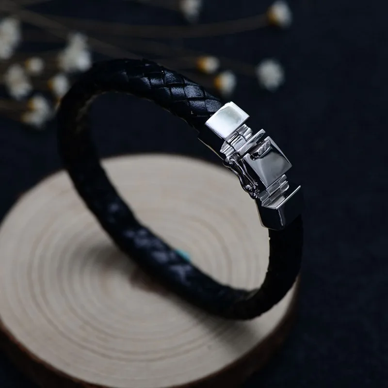 BOCAI S925 Silver Fashionable Personalized Cowhide Woven Genuine Leather Bracelet For Men Jewelry New Style