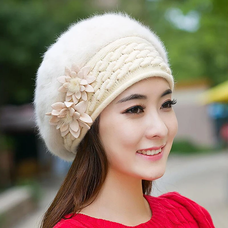 Women's Winter Hats Cotton Cap Slouch Baggy Warm Soft Knit Crochet Female Hat Elegant Fashion Flower Hats