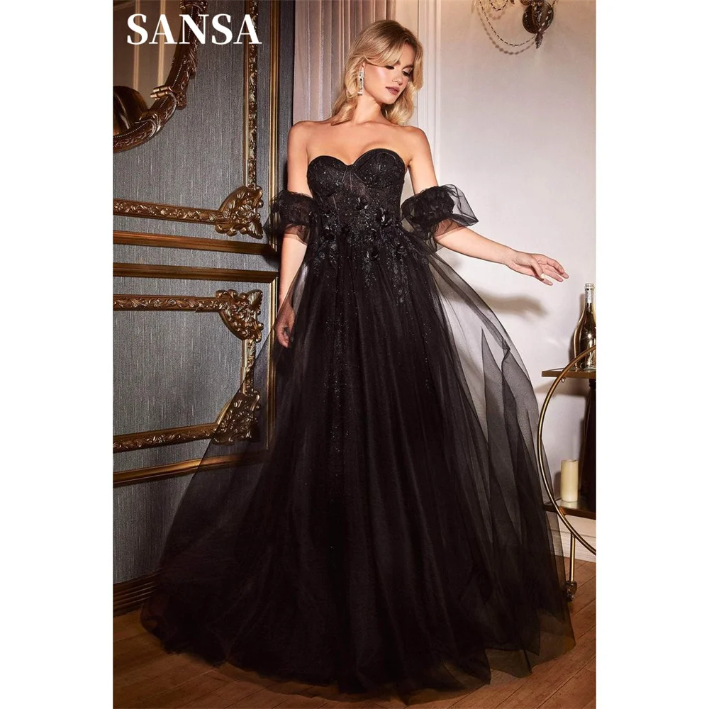 

Sansa Black Sweetheart A-line Prom Dress 2024 Lace Embroid Puffy Sleeve Vestidos De Noche Shiny Tulle Graduation Ball Dress