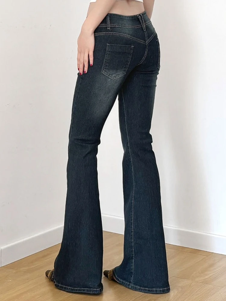 HOUZHOU Vintage Y2k Flared Jeans Harajuku 2000s Low Rise Washed Denim Pants Retro Casual Slim Up Aesthetic Trousers Streetwear