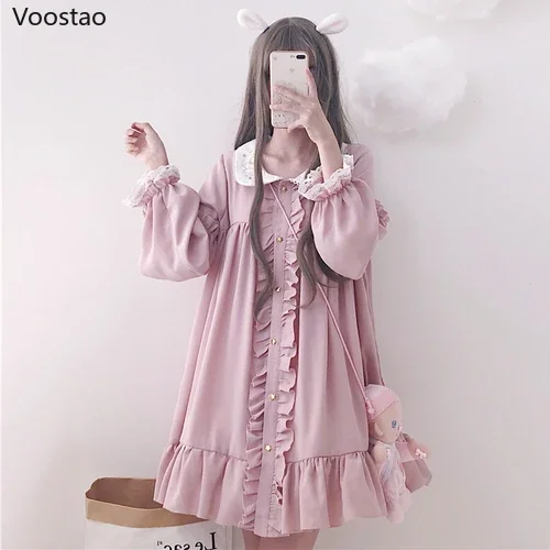 Summer Cute Lolita Dress Women Harajuku Pink Ladies Ruffles Lace Kawaii Party Mini Dresses Lolita Cosplay Sweet Loose Vestidos