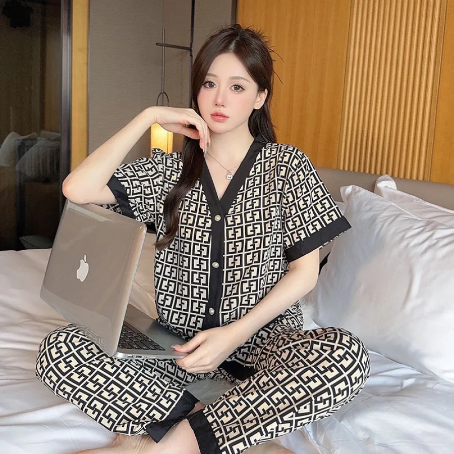 M-4XL Loose Soft Luxury Women Pajamas Set Brand Sleepwear Print Letter Smooth Pajama Set Casual Home Clothe Nightclothes Summer