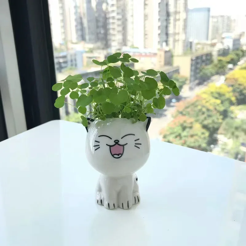 Vaso de cerâmica mini gato em forma de desenhos animados bonito vaso de mesa planta expressão vaso de mesa gato planta vaso de mesa decorar pequeno