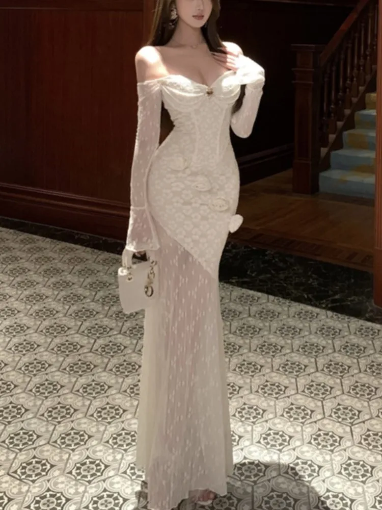 

Sexy Bodycon Party Women's Dresses Elegant Slash Neck Lace Patchwork Off Shoulder Long Sleeves Evening Dress Vestidos Long Robe