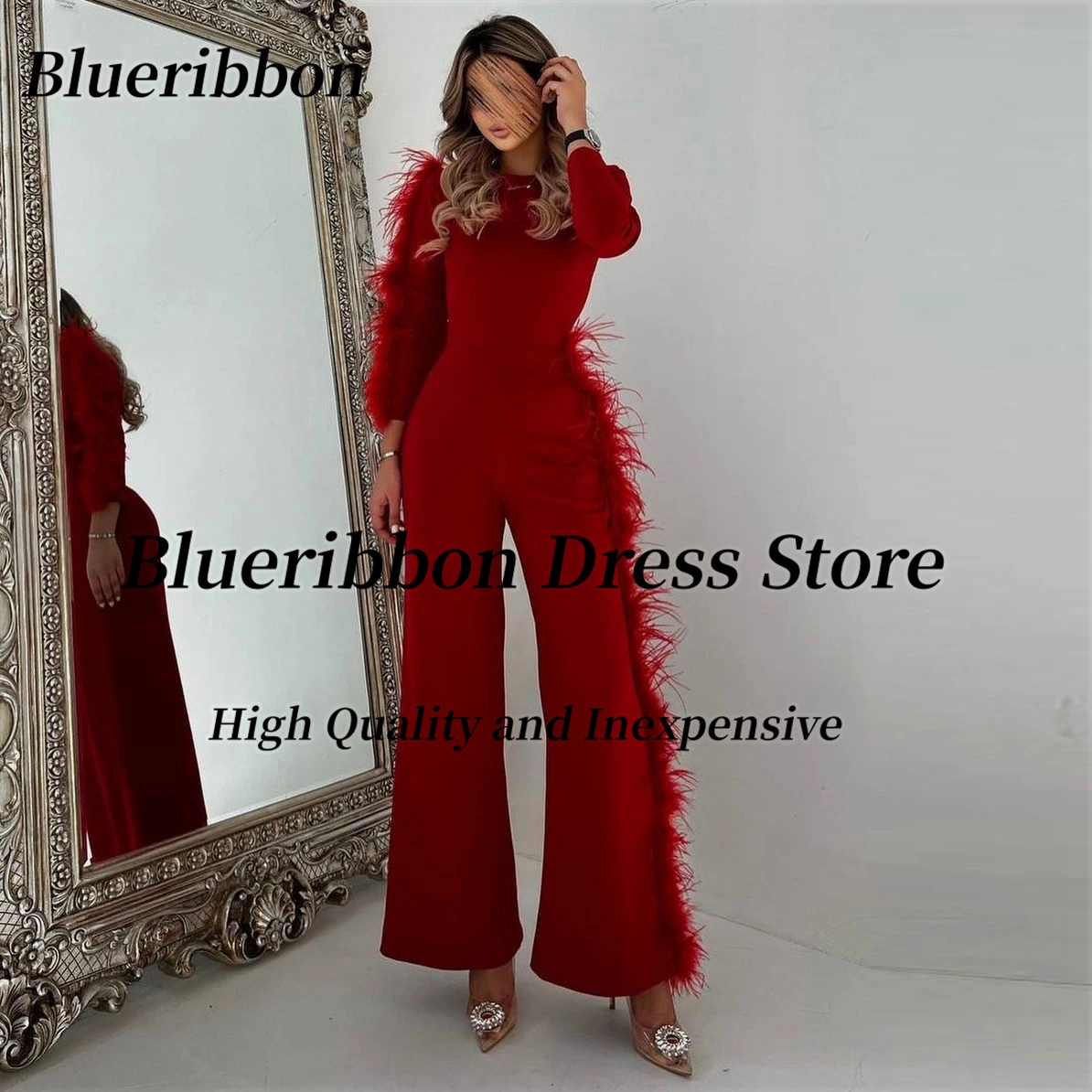 Blueribbon Cool Girls Wear Jumpsuits for Evening Party Long Sleeves Feathers Luxury Prom Dresses Zipper Back Pnt Suits Vestidos