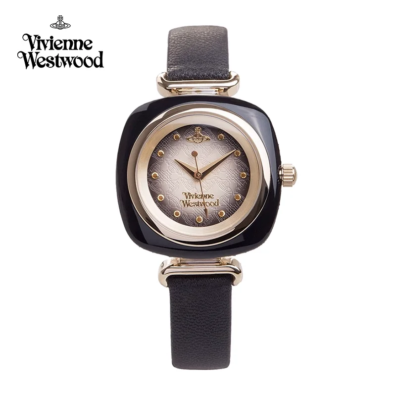 ヴィヴィアン ウエストウッド エレガント レジン スクエア ケース ブラック レザー ストラップ レディース ウォッチ