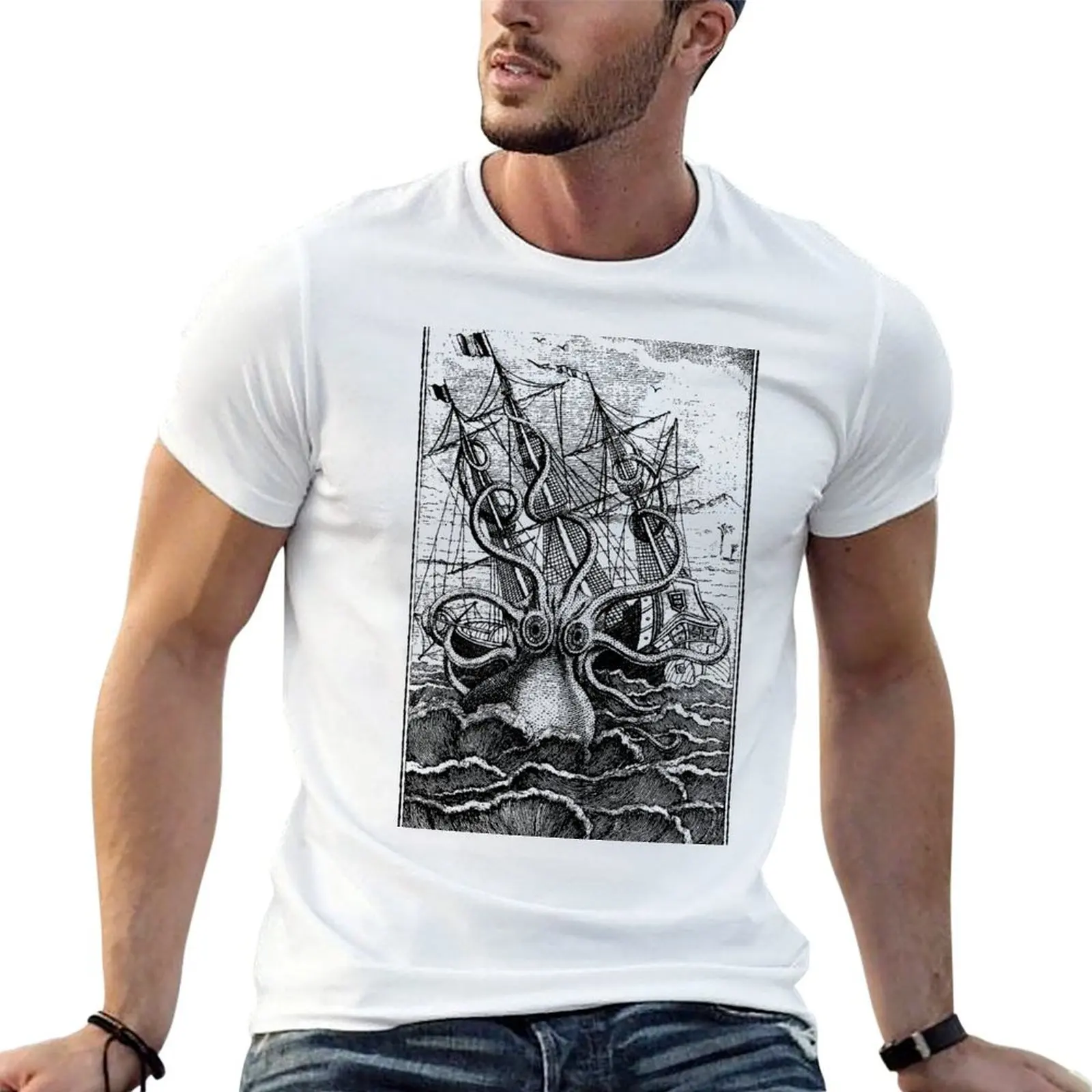 Vintage Kraken attacking ship illustration T-Shirt Active Wear Sports T-Shirt for Men