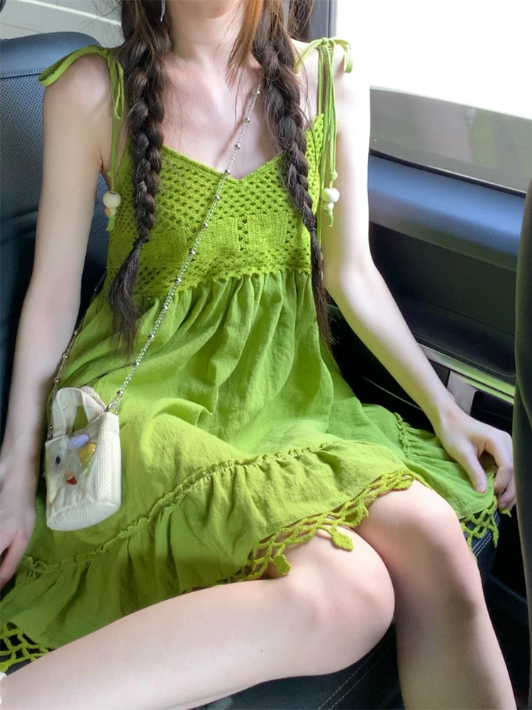 Summer Green Designer Kawaii Dress Women Korean Style Elegant Beach Dress Female Backless Vintage Casual Suspender Dress 2023