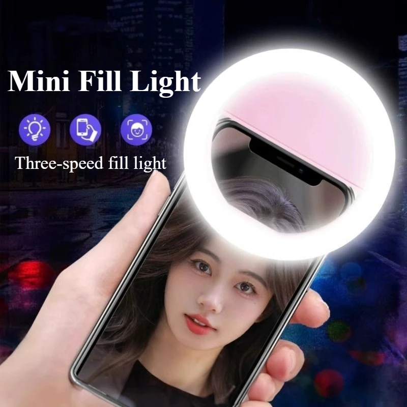 Ponto de luz de preenchimento para celular, portátil, tricolor, temperatura, selfie, luz de beleza, circular, recarregável, modelo, clipe