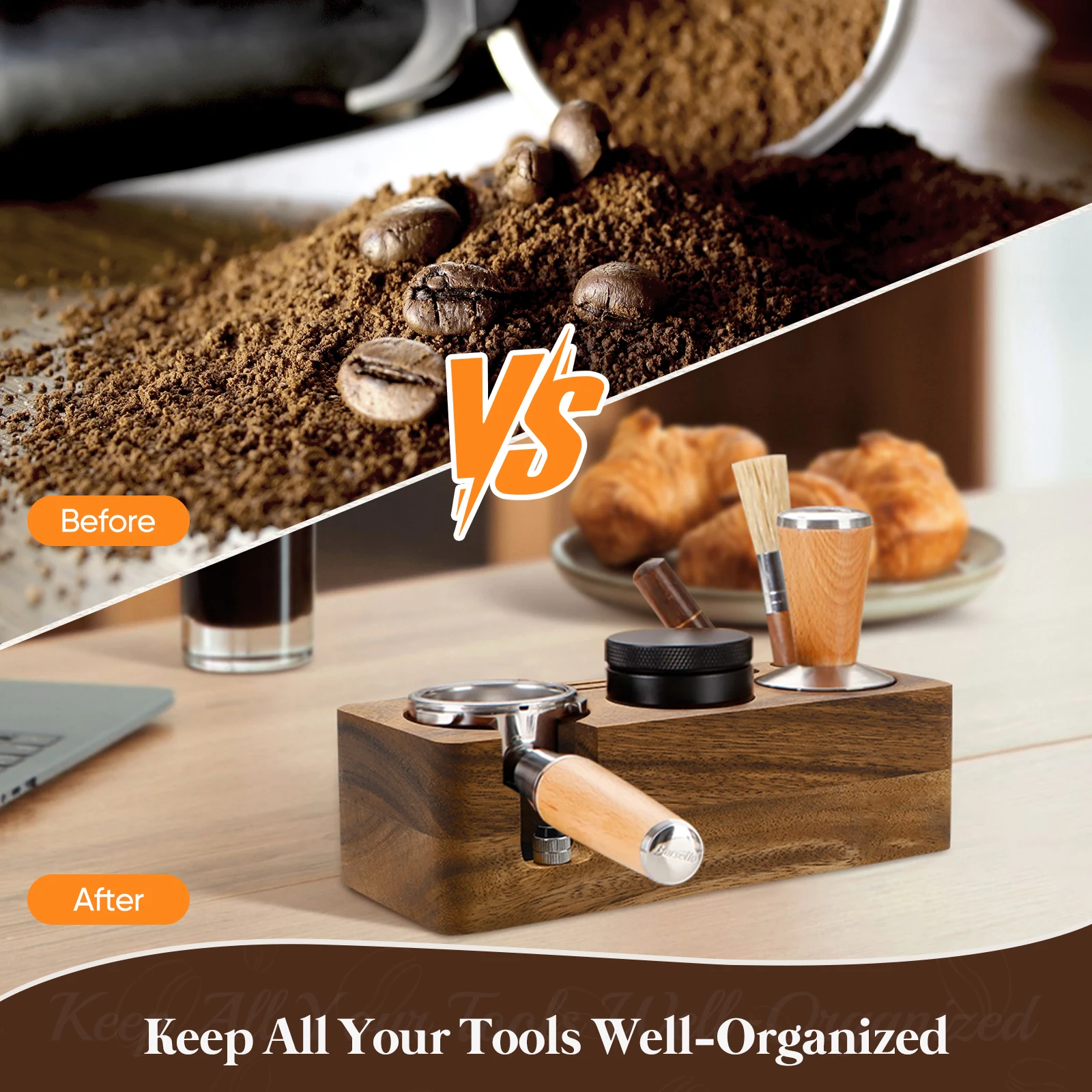 Estación de Prensado de Café Espresso, con Cojín de Silicona y Altura Ajustable, Organizador de Café de Madera para 51-58mm