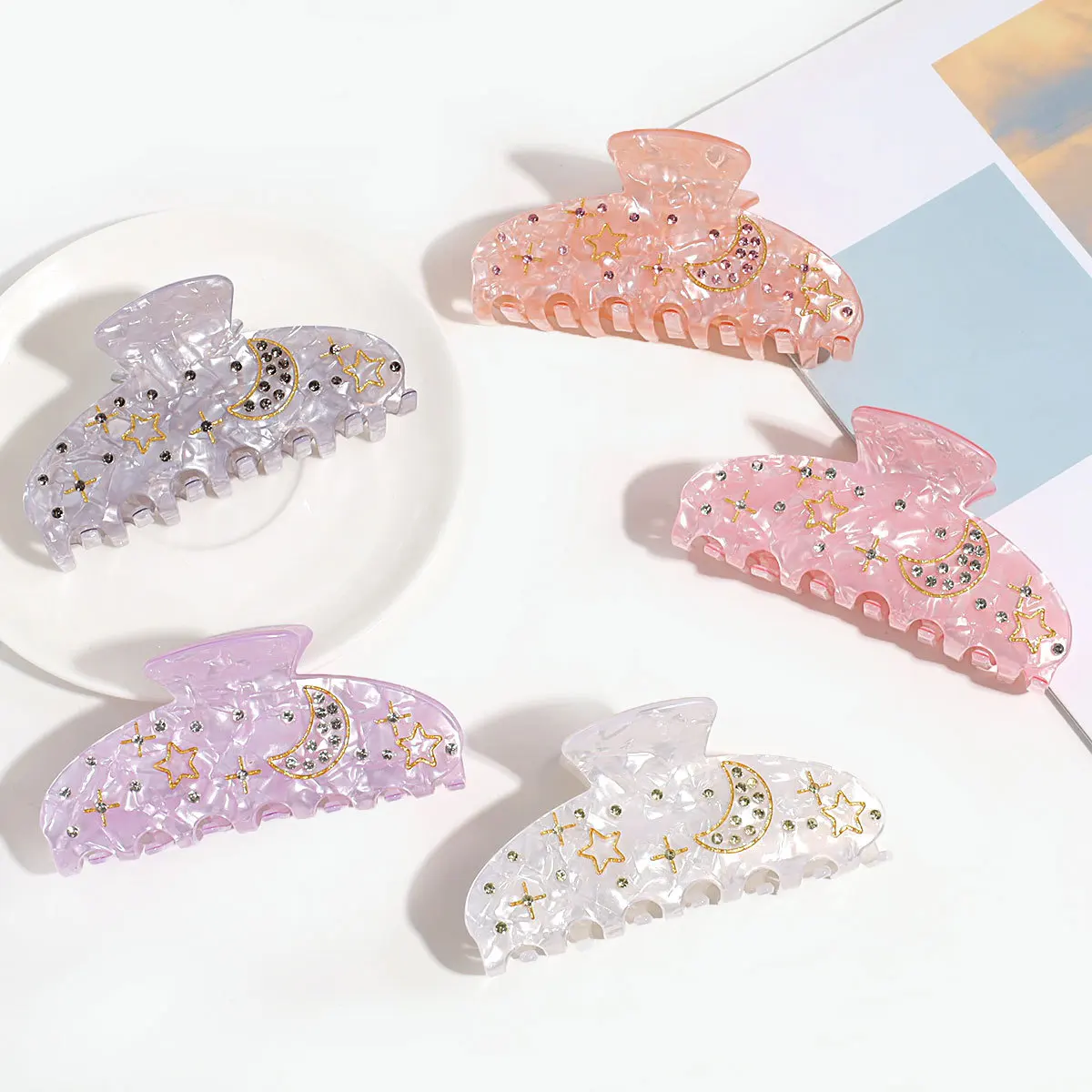 

New Rhinestone Star Moon Hair Claw Super Fairy Shark Clip CandyColor Grab Clip twinkle Claw Clip Hair Accessories for Women Girl