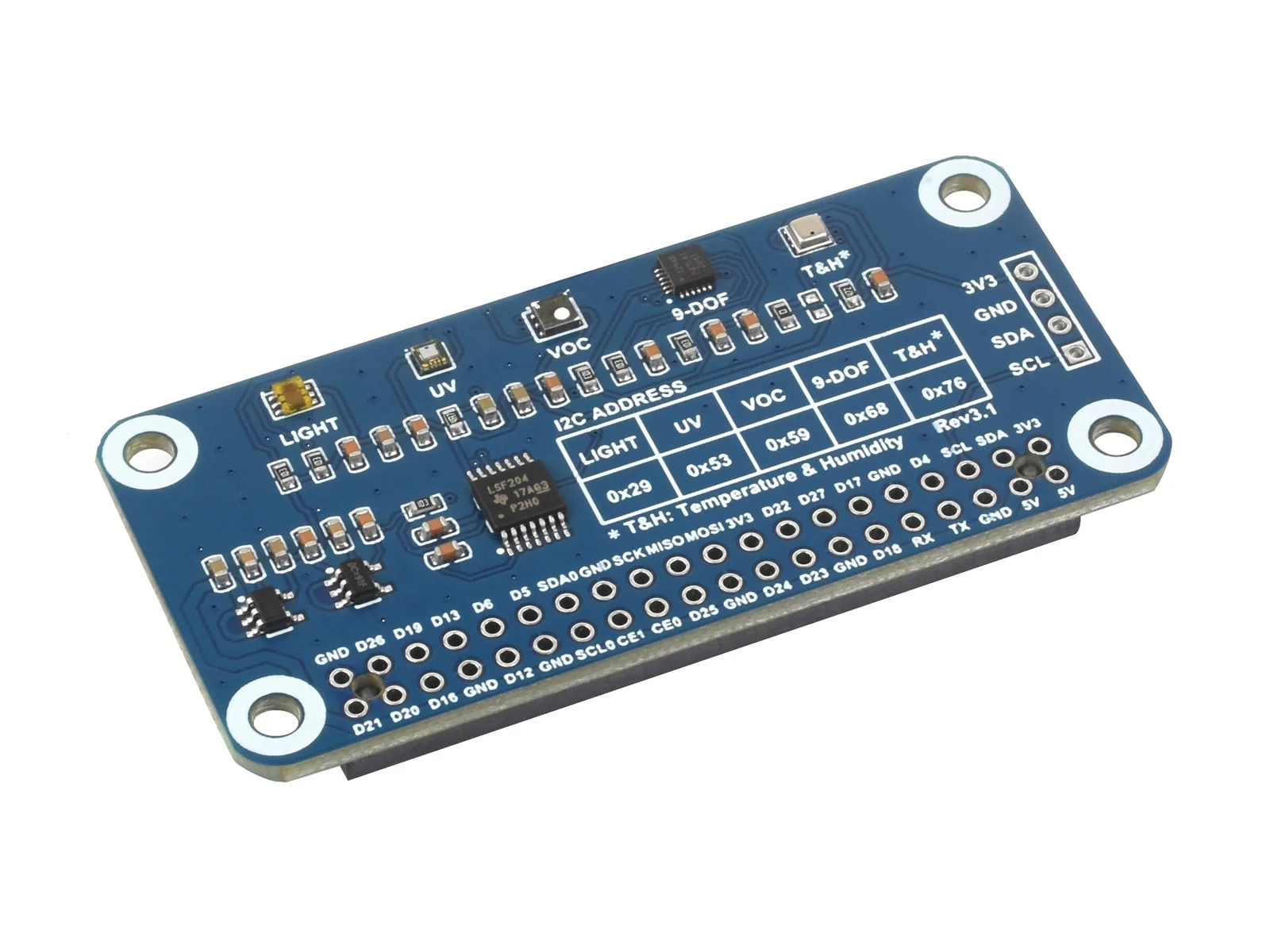 Environment Sensor HAT for Raspberry Pi,I2C Bus,onboard resources including ambient light sensor,VOC sensor,IR/UV sensor etc.