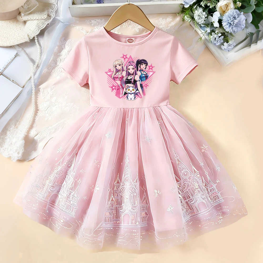 Neue Sommer-Kinderkleidung Kurzarm-Prinzessinnenkleid für Kinder Niedliches Kleid für Babymädchen Geburtstagsparty Regenbogen-Kleidung Cartoon – Detail 4