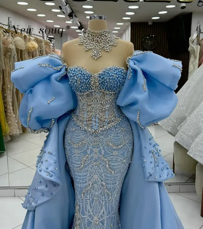

Gorgeous Blue Two-Piece Wedding Evening Dresses with Detachable Tiered Train Customized Dubai Crystals, Pearls Prom Night Gowns