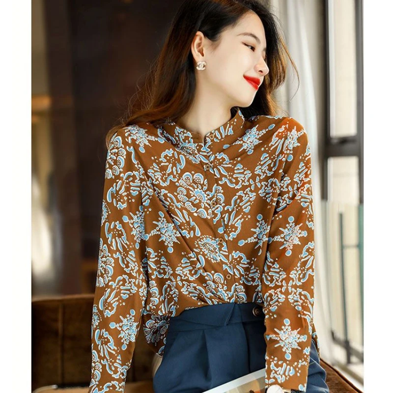 Spring Autumn New Fashion Stand Collar Long Sleeve Printing Blouses Women\'s Clothing Loose Western Style All-match Trend Shirts