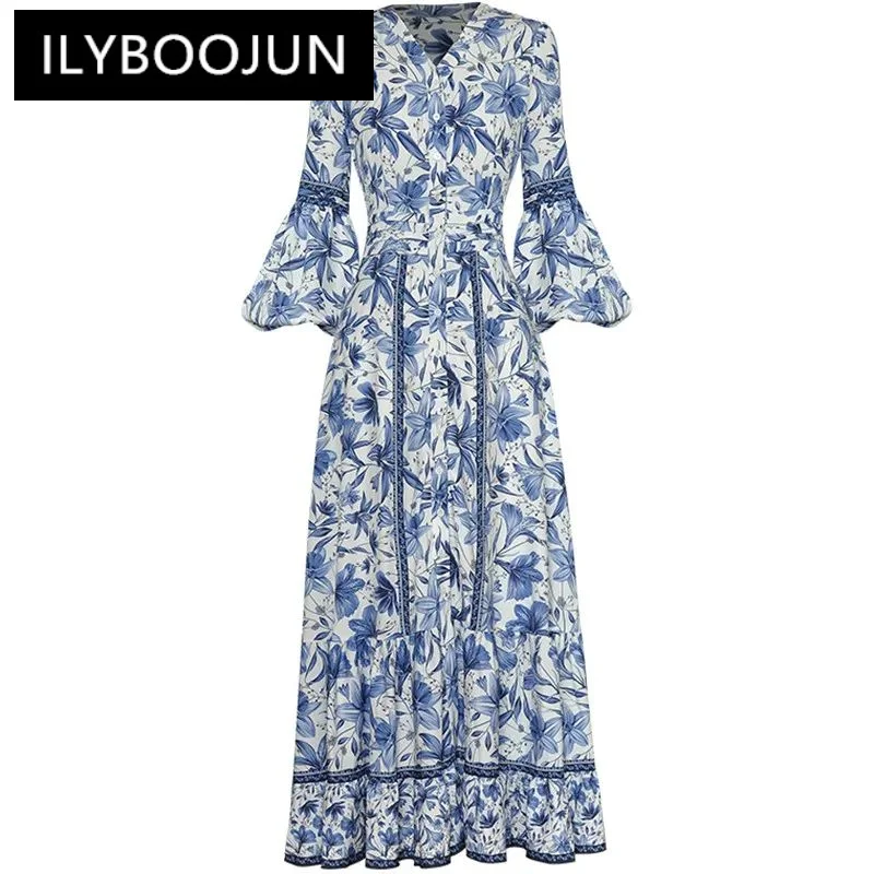 

ILYBOOJUN Autumn Fashion Runway Vintage Print Party Dress Women Lantern Sleeve Single Breasted High Waist Slim A-LINE Long Dress