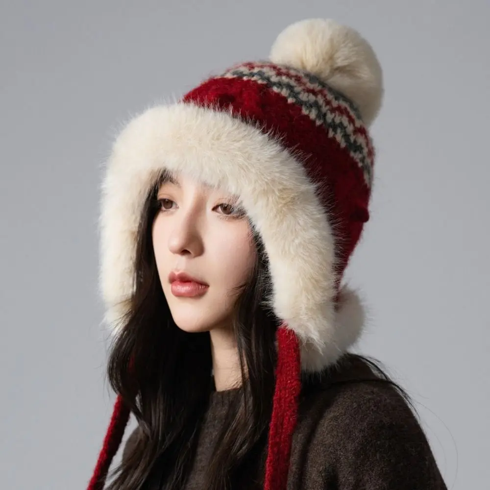 

Милая теплая жаккардовая вязаная шапка с принтом, шерстяная защитная шапка для ушей, корейские винтажные шапочки в стиле Fair Isle, уличные шапки