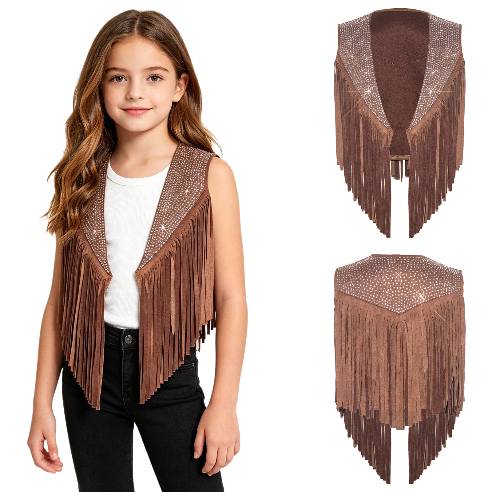 

Girls Western Cowgirl Costume Cowboy Cosplay Waistcoat Tassels Fringe Vest Sparkly Rhinestones Sleeveless Open Front Vest Coat