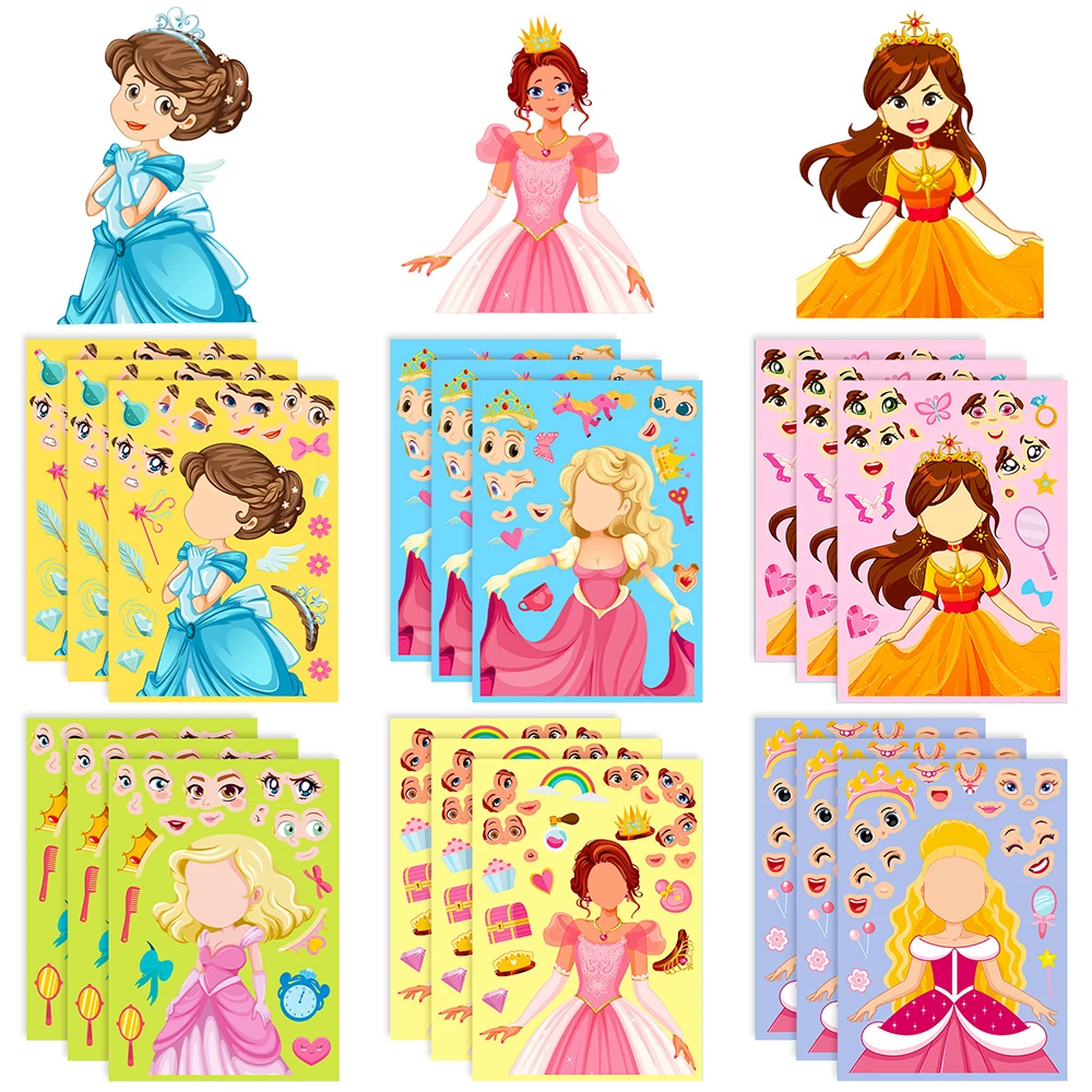 6/12Sheets Cute Princess Puzzle Stickers Make-a-Face Children Assemble Jigsaw Funny Kids Toys Game Kids Educational  Party Gift