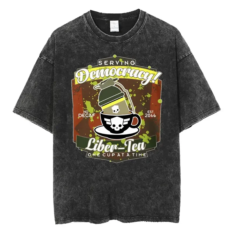 Serving Democracy & Liber-tea Helldiver T-shirt Game Apparel Bug Killing Funny Tops Tshirt Men's Fashion Vintage Washed T Shirts