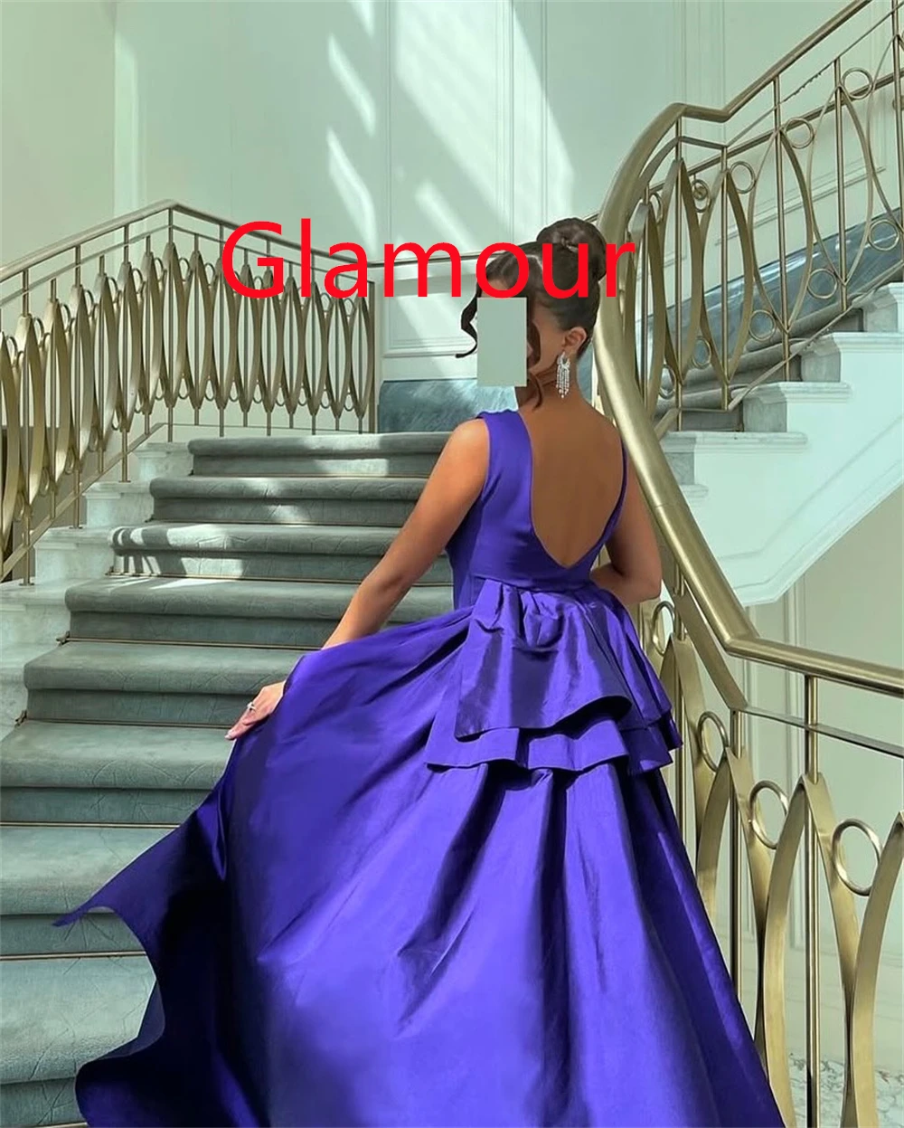 Maßgeschneidertes exquisites lila Jersey-Abendkleid, Temperament, U-Ausschnitt, Flügelärmel, ärmellos, rückenfrei, offener Rücken, Heimkehrkleid