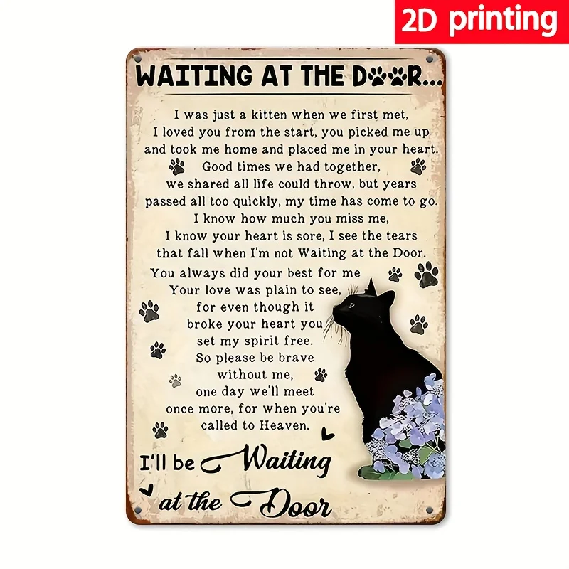 Impresión Plana 2D - 8x12 Pulgadas, Placa Conmemorativa de Madera Vintage para Mascotas con el Título 'Esperando en la Puerta', Apta para Interiores y Exteriores