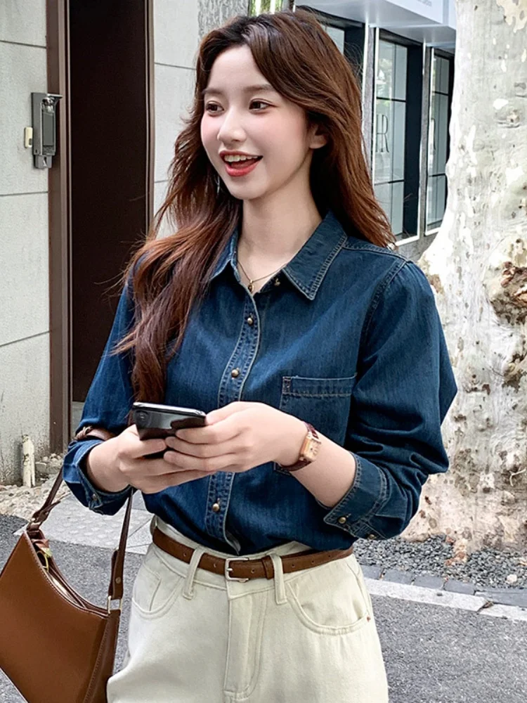 

Deep Blue Denim irt Women's Layering Inner Wear Retro Sle Long Sve Button up Soft Top for Spring Autumn Small Size