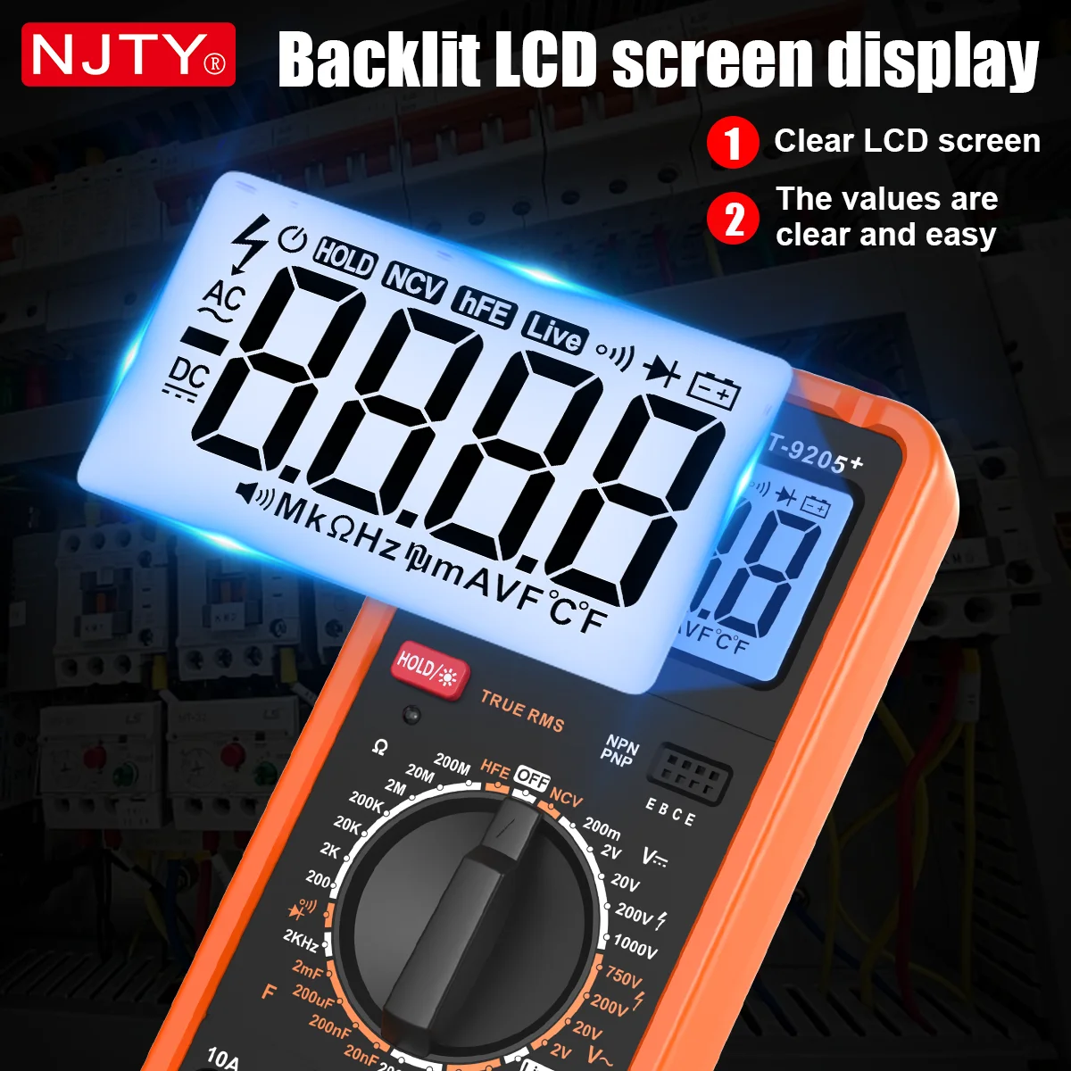 NJTY DT-9205+ Digitales Multimeter mit Manueller Bereichswahl Elektrischer Tester für Spannung, Strom, Widerstand, Frequenz HEF Spannungsmessgerät für Spannungsleitungen – Detail 3