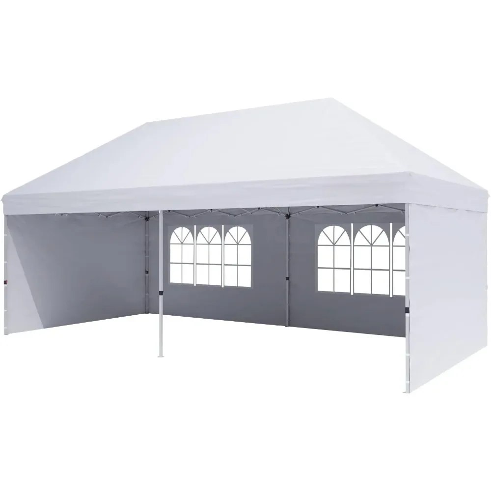 Pop up sunshade with 4 detachable side walls, wooden stakes x12, ropes x6, used for outdoor party activities on the terrace