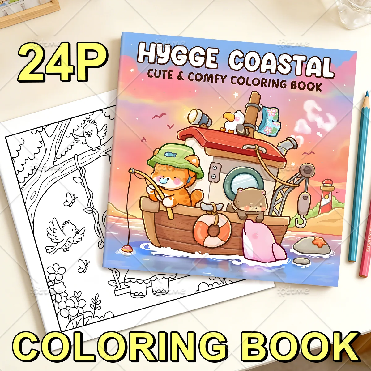 Hygge Coastal Coloring Book for Adults,Cute Comfy Animal Sea Scenes,Stress Relief Relaxing Coloring Pages for Women Art Therapy