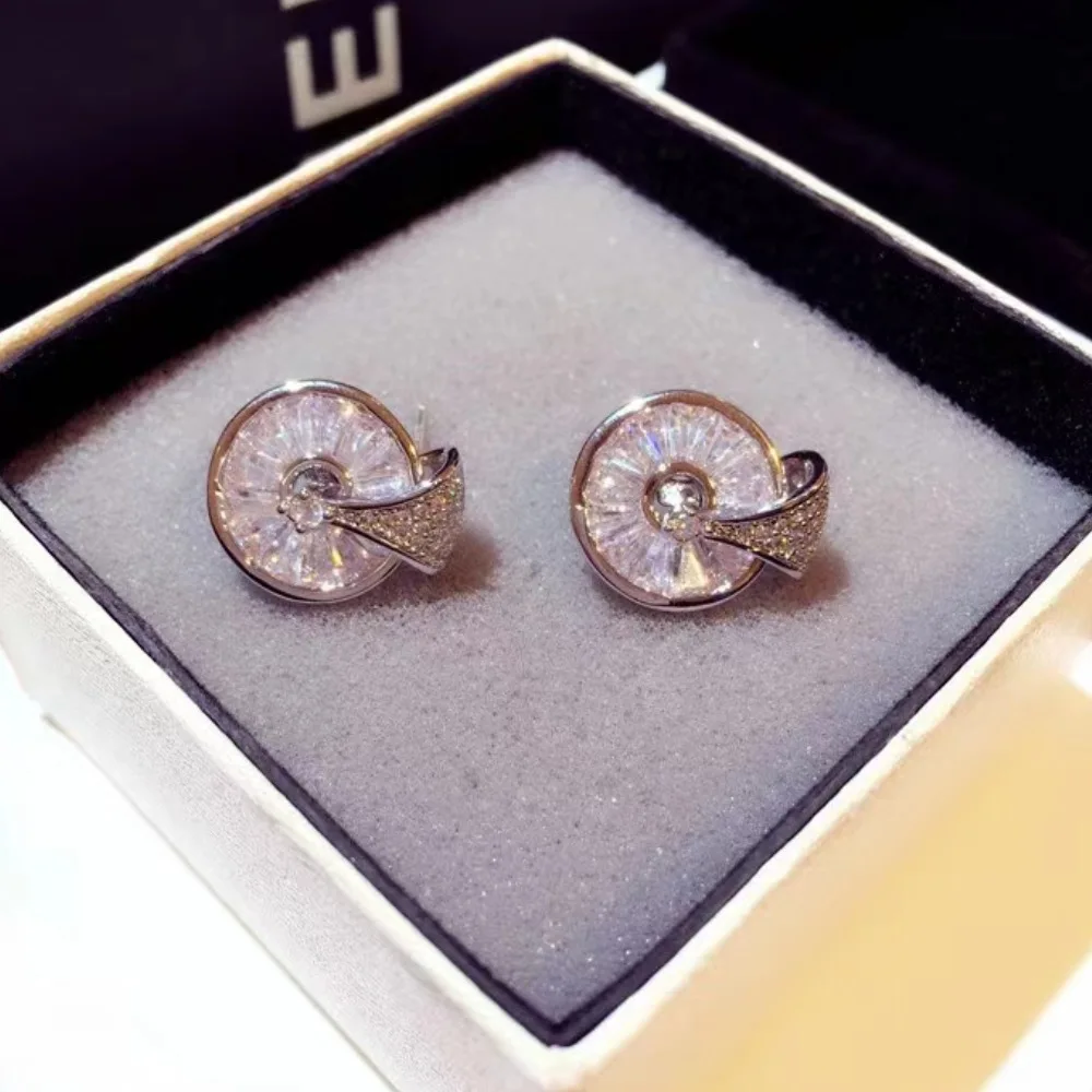 Korean earrings Shiny Cubic zirconia earrings Unique disc design Simple party everyday accessories Girl Christmas gift