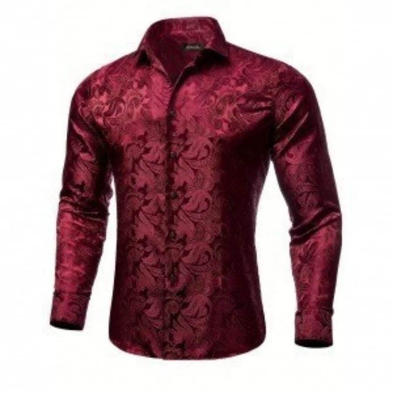 Men Lapel Collar Jacquard Satin Long Sleeve Dress Shirt Floral Pattern Party Formal Top