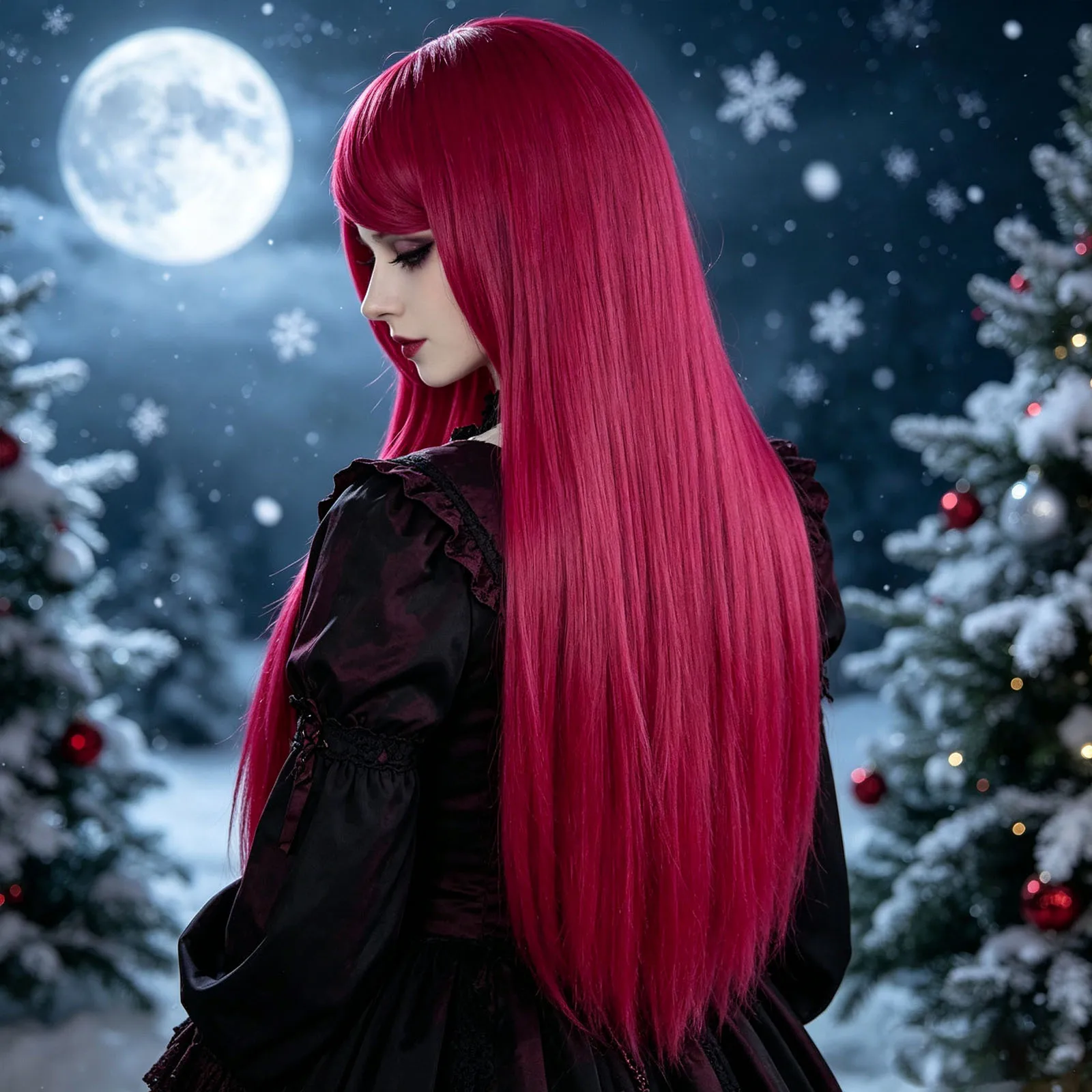 Women Red Long Straight Synthetic Wig With Bangs Rose Red Head Wig Heat Resistant For Princess Halloween Christmas Cosplay