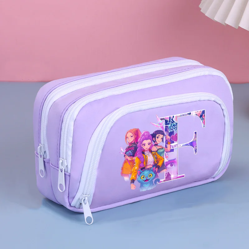 【セール中】KPop デモンハンターズ 3層ペンケース 大容量 ペンボックス パープル 学生収納バッグ A-Z文字 アニメ 子供用ホルダーポーチ