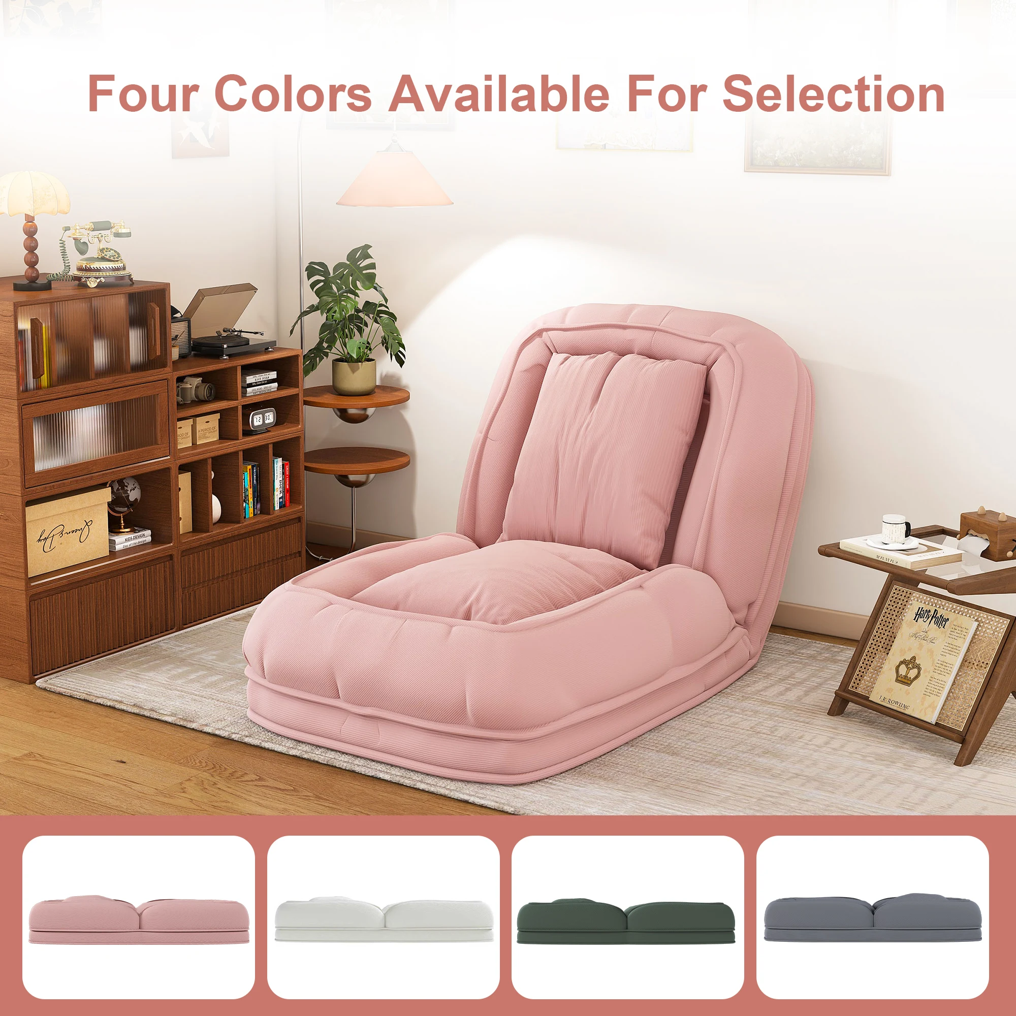 Foldable Floor Sofa Bed for Adults & Pets, 5-Position Lazy Lounger with 2 Pillows, Upholstered Reading Chair for Bedroom Living Room（Pink）