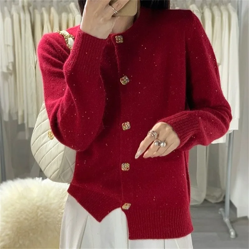 2024 Autumn and Winter Women New Arrival Chic and Unique Round Neck Knitted Cardigan Trendy and Comfortable Solid Color Sweater