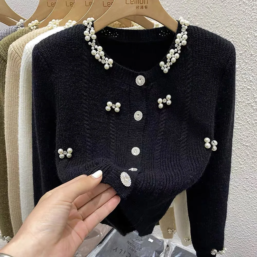 Pearl Beaded Elegant Knit Cardigan Sweater Women 2024 Spring Long Sleeve Single-breasted Tops Stylish Fashion Chic Ladies Jumper