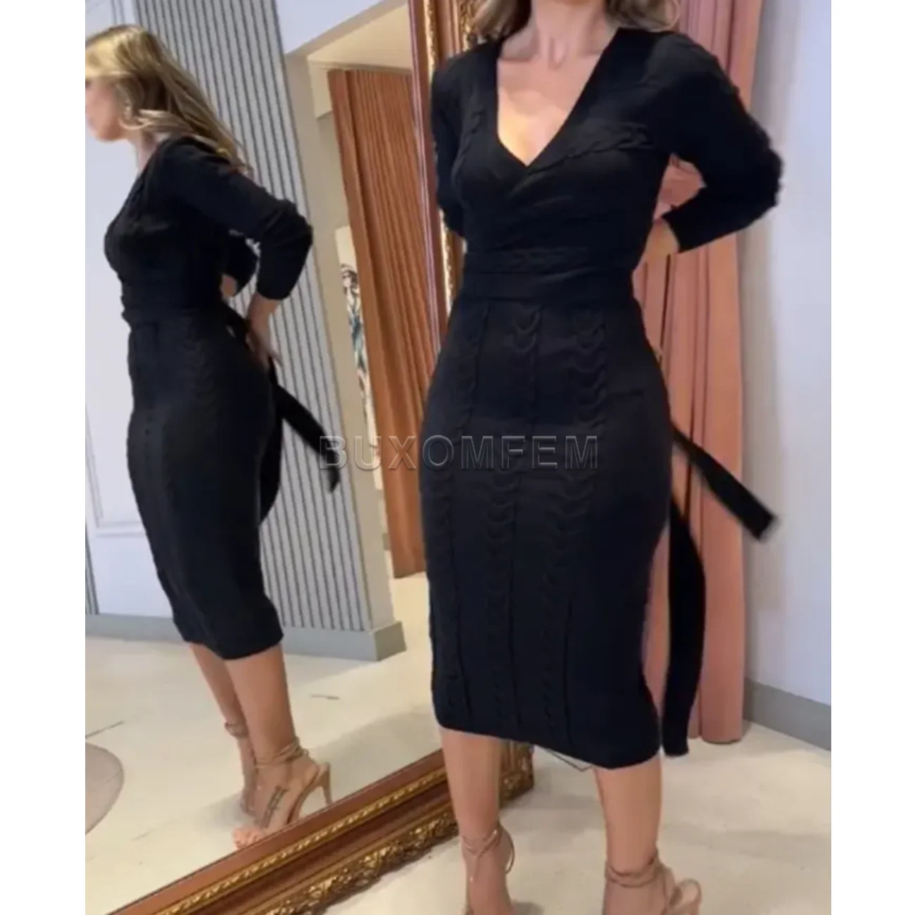 

Women One-Piece Knitted Skirts Solid Color Long Sleeved Sexy Dress Ladies Wrapped Hip V-Neck Slit Long Skirts Women's Outwear