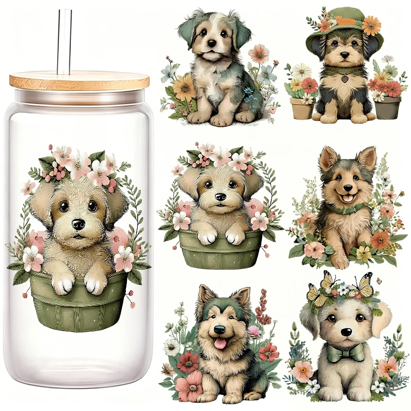6 Stück Niedliche Welpen-Blumen-Kristall-Transferaufkleber Wasserfeste UV-DTF-Abziehbilder für Glasbecher DIY-Bastelbedarf