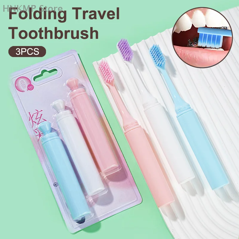 

3Pcs Travel Toothbrush Foldable Portable Small Dental Brush Adult Soft Toothbrush Candy Colors Cleaning Tooth