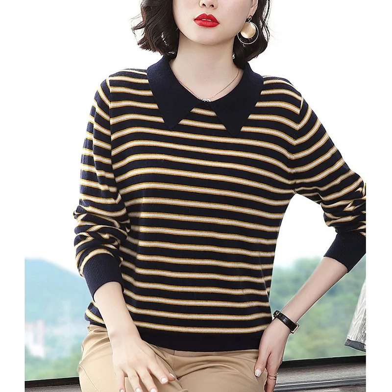 Autumn Winter New Oversized Vintage Striped Patchwork Pullover Tops Women Loose Casual All-match Sweater Female Knitting Jumpers