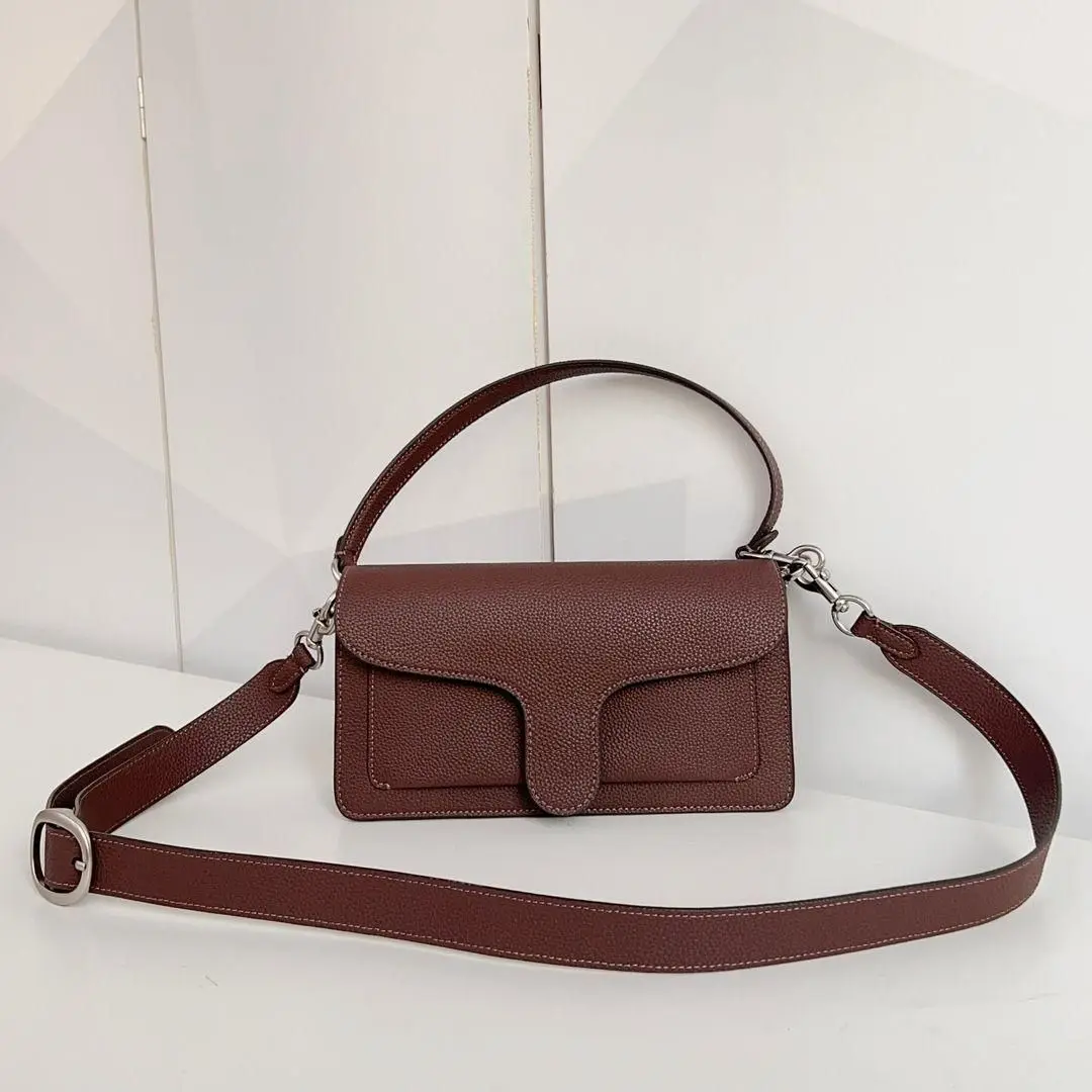 

Dark Brown Grained Leather Flap Crossbody Bag, Minimalist Shoulder Purse with Dual Straps, Luxury Designer Inspired Women's Handbag