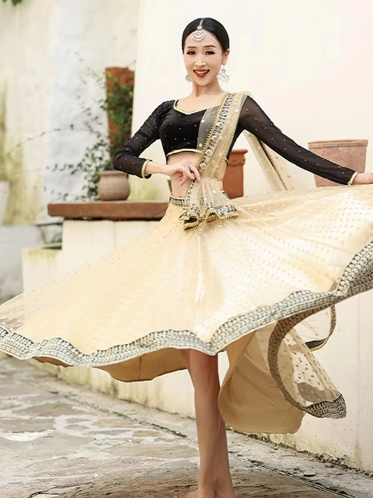 New Ethnic Sle Women's Belly Dance Costume Set with awl Large Skirt Gown Linha Summer 2024 Spandex Material