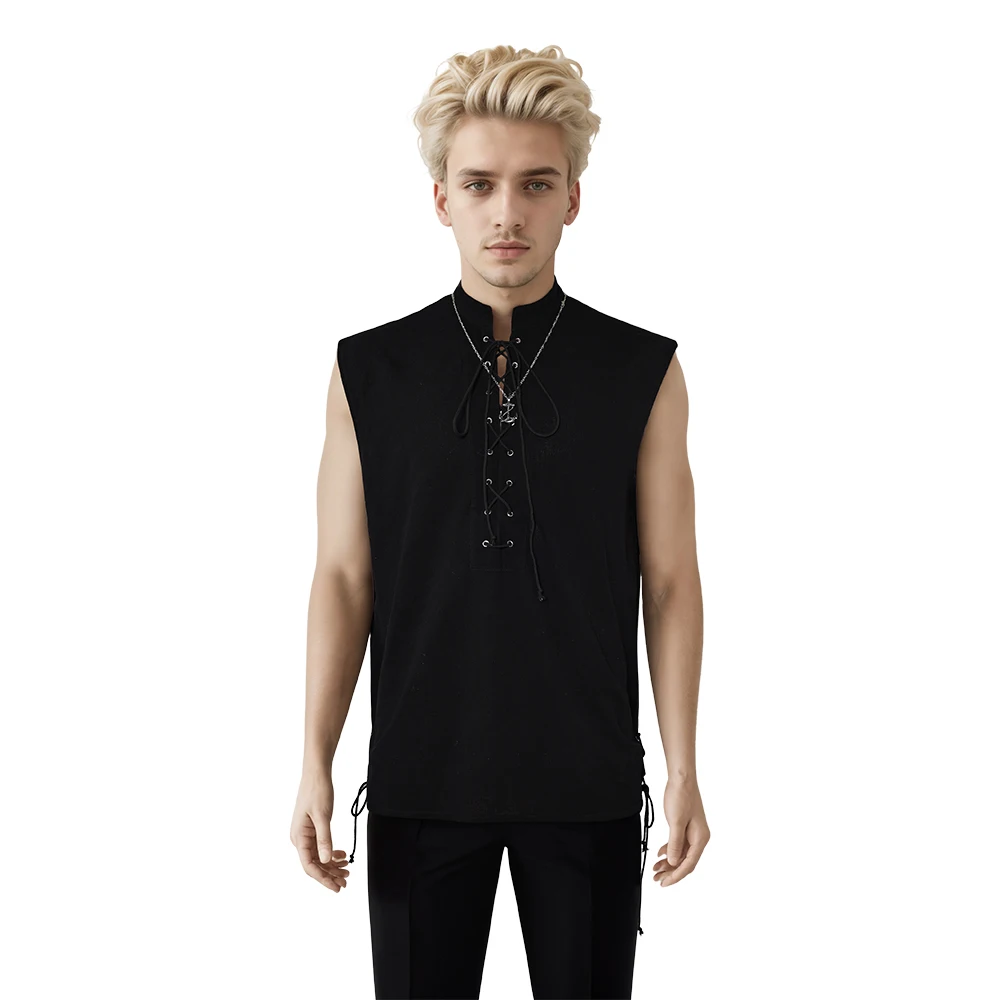 Men Pirate Cosplay Black Vest Shirt Necklace Medival Retro Renaissance Middle Ages Fantasy Costume Jacket Halloween Party Suit