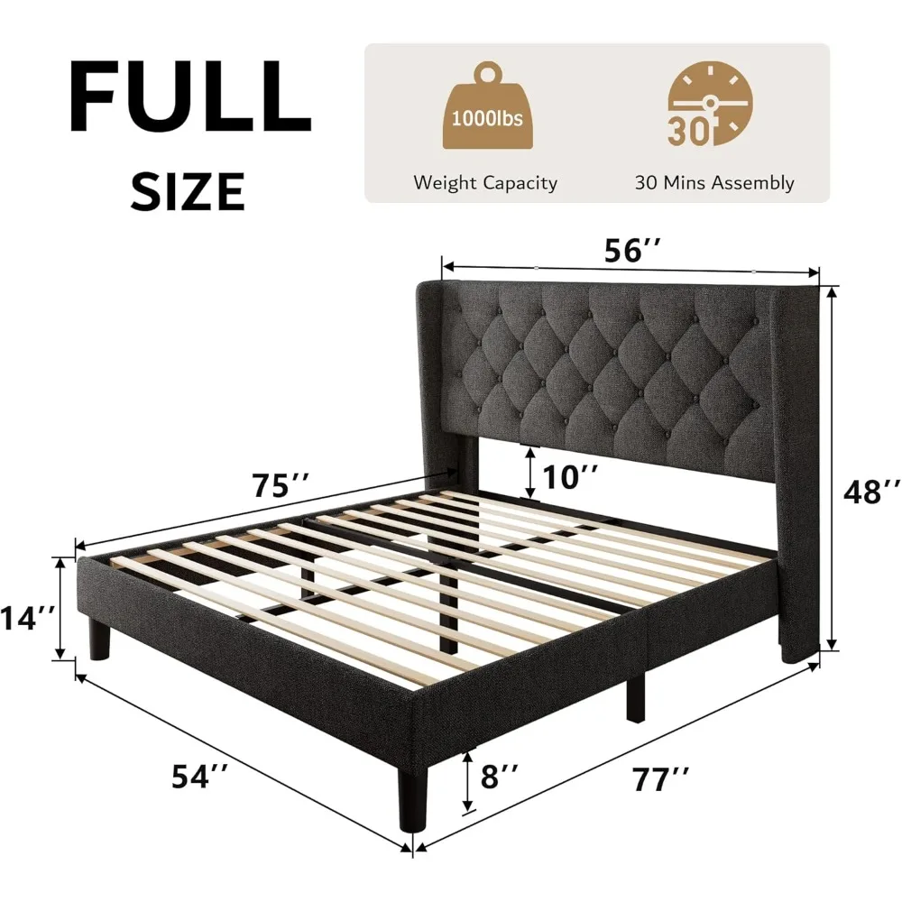 iPormis Full Size Platform Bed Frame with Button Tufted Headboard, Upholstered Bed Frame with Solid Wooden Slats, 8