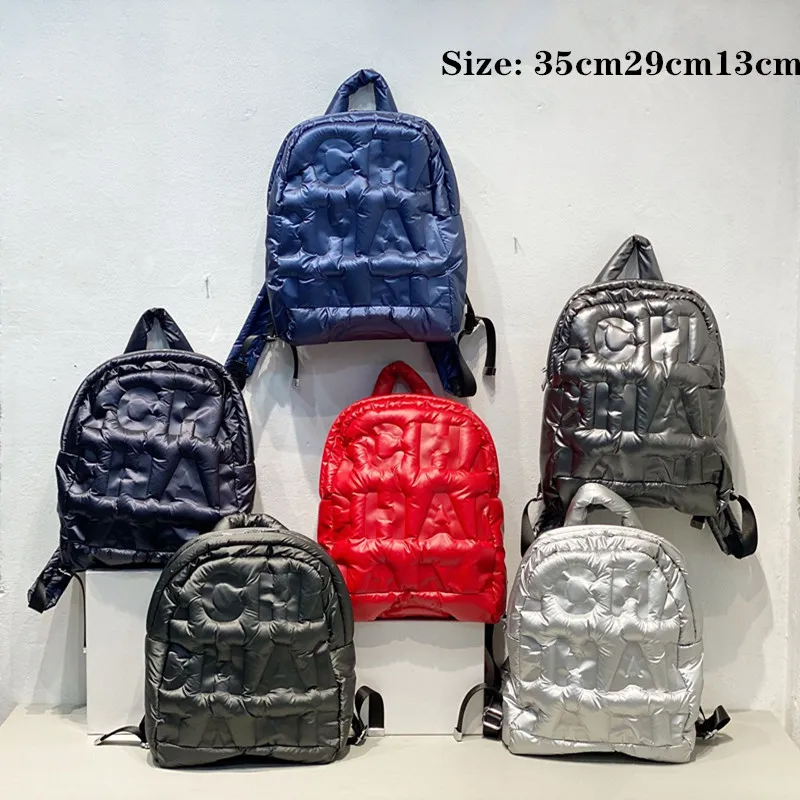 Imagem -02 - Nova Mulher Mochilas para Baixo Carta Impressão Mochila Outono Inverno Moda Grande Capacidade Espaço de Algodão Cor Sólida Bolsa de Escola 2023