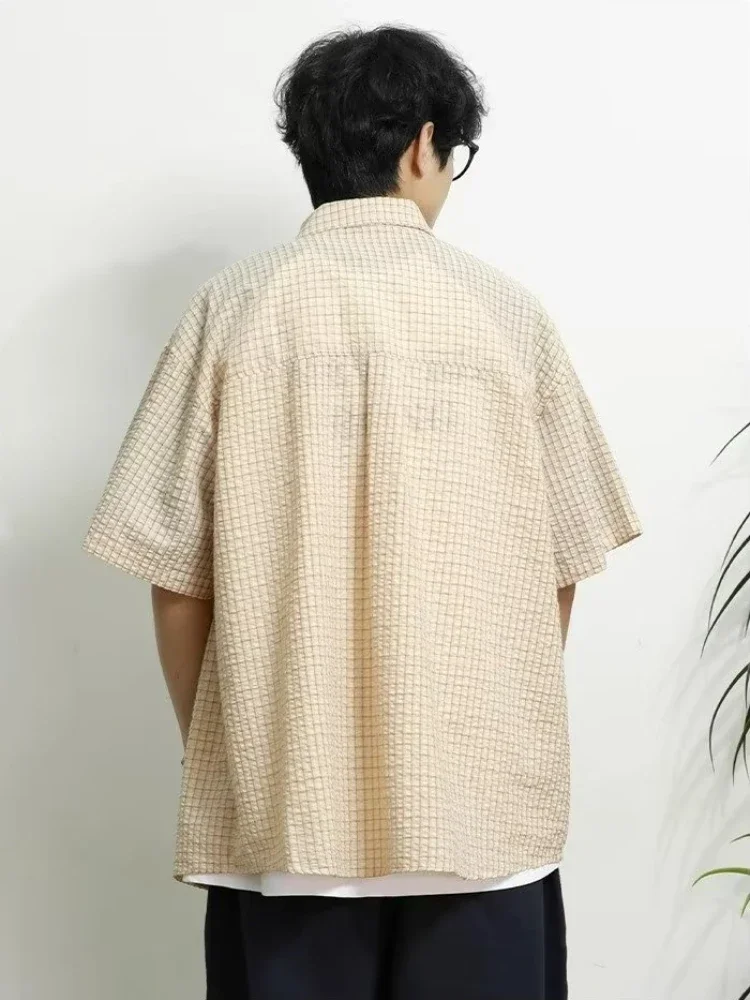 Plaid Shirts Men Vintage Loose Japanese Style Males Tops All-match High Street Chic Summer Half Sleeves Popular Comfortable New